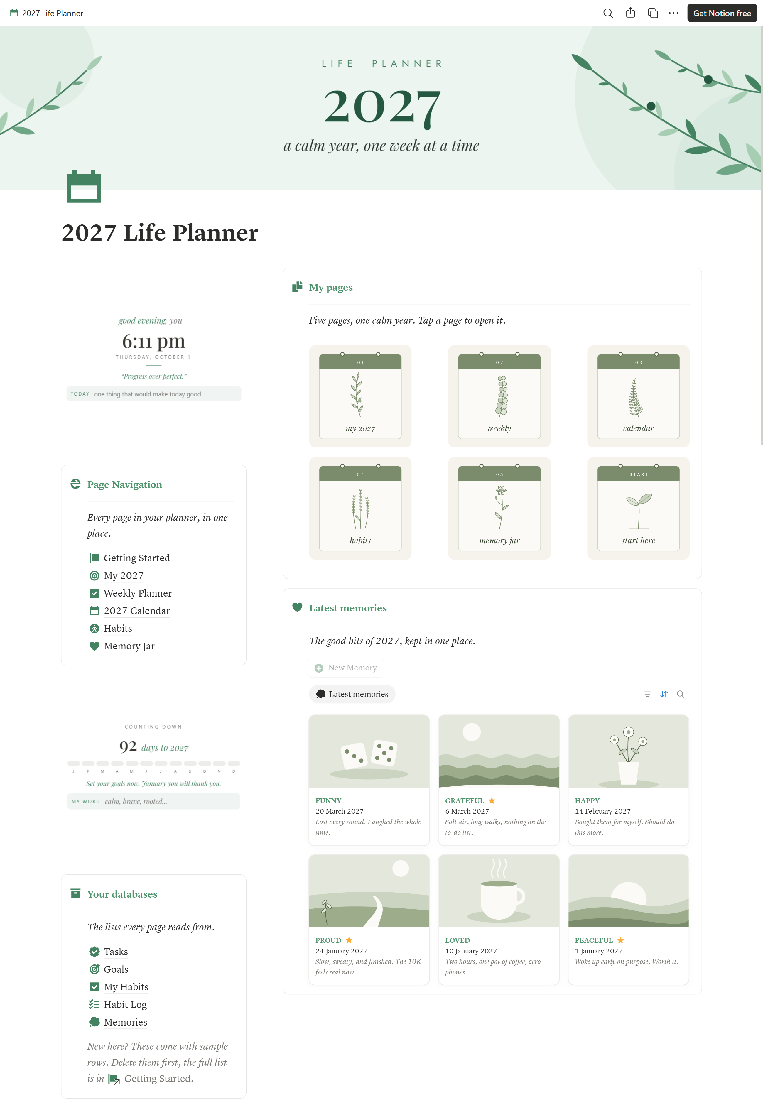 2027 Life Planner Notion dashboard with a greeting widget, page tiles, year progress, latest memories gallery and links to every database